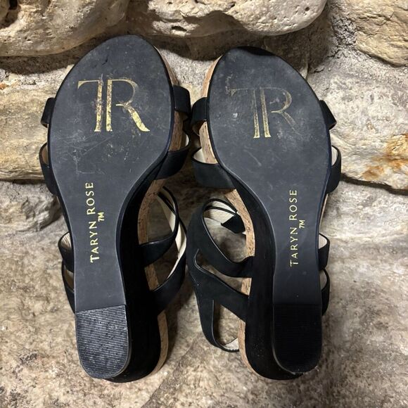 TARYN Rose Black Suede Nubuck T-Trap High Wedge Heels Strappy Bow Sandals W’s 7 - Picture 8 of 8